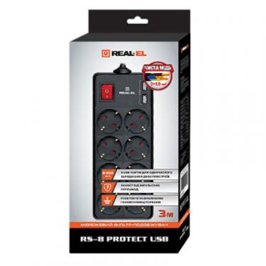 Сетевой фильтр питания REAL-EL REAL-EL RS-8 PROTECT USB, 3m, black Фото 1