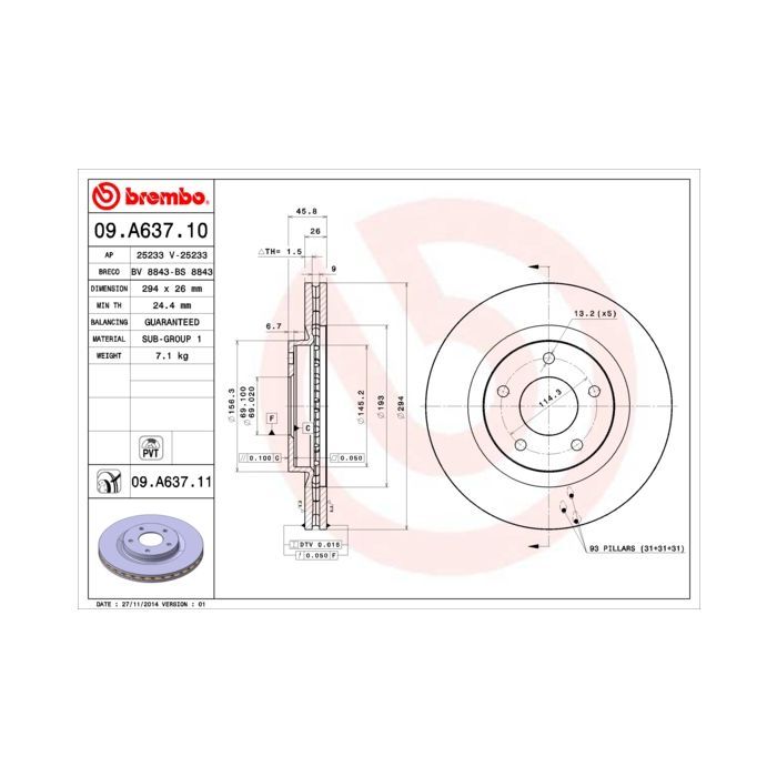 Тормозной диск Brembo 09.A637.10 Фото